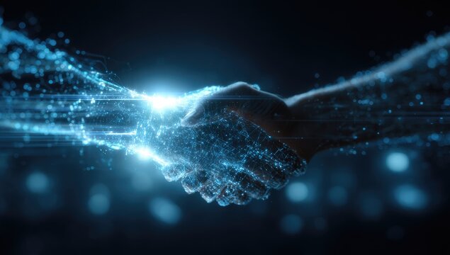 Digital handshake against a dark background