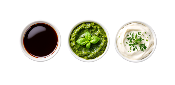Assortment of Dipping Sauces in Bowls Isolated on transparent background
