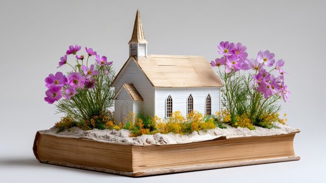 Small white church is sitting on top of a book. The book is open to a page with flowers on it. The flowers are purple and yellow. The scene is peaceful and serene