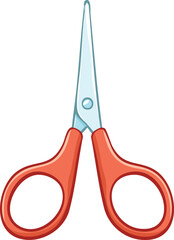 A cartoon illustration of open scissors with red handles, ready for use.