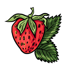 Single ripe strawberry with detailed green leaf. Perfect for stickers, packaging, labels, cards, and summer-themed compositions.