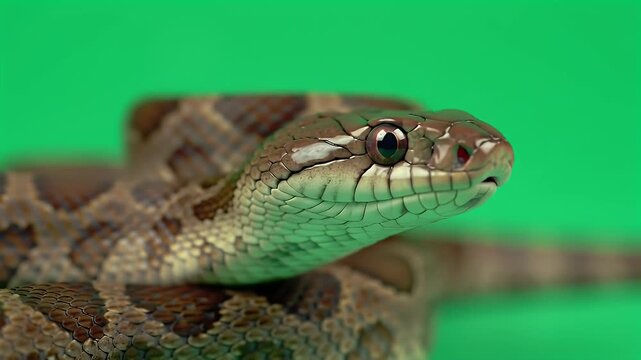 Detailed Close-Up of a Brown Patterned Snake Head on Green Background