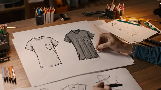 Creative t-shirt design process artist studio illustration indoor workspace overhead view fashion concept development for unique styles