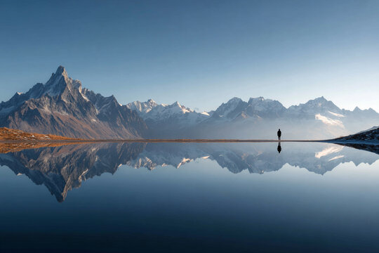 Serene Mountain Lake with Man’s Reflection, Nature Landscape
