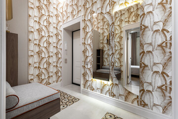 Modern Entryway with Bold Graphic Wallpaper and Large Mirror