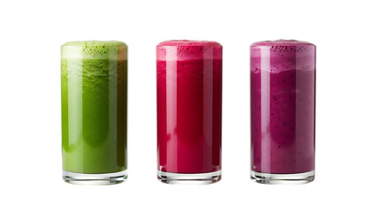 Three glasses of different colored fruit and vegetable smoothies, Isolated on transparent background
