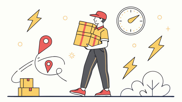 Fast delivery service courier holding package boxes for express shipping and logistics solutions concept vector