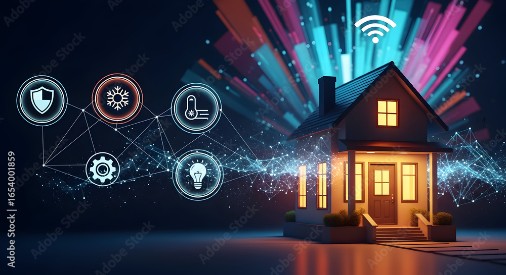 Poster conceptual illustration of a digitally connected home, showcasing smart technology, glowing with fut