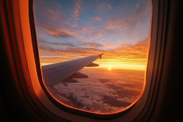 Airplane window view of a vibrant sunset