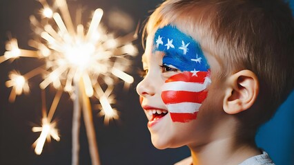 Smiling child with American flag face paint holding a bright sparkler celebrating patriotic holiday like Fourth of July or Independence Day in the United States