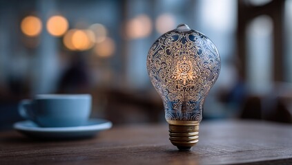 Ornate lightbulb on a wooden table