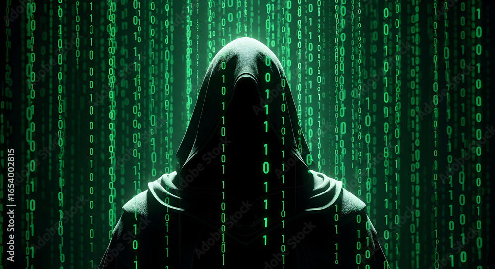 Poster mysterious hooded figure silhouetted against a dynamic digital rain of green lines, symbolizing data