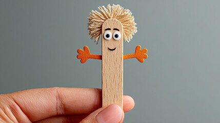 Wooden stick with a face on it is being held by a person. The stick has a smile and two eyes, and it is a puppet