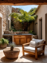 Modern garden with beige stone wall, wooden outdoor furniture, lush green fern, and cozy natural light create peaceful, inviting atmosphere