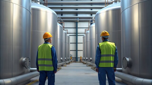 Two workers in safety gear stand between large industrial tanks, discussing operations in a well-lit facility.