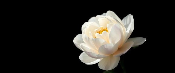Soft light illuminates a pristine white peony blossom against a deep black backdrop,  blossom,  flora