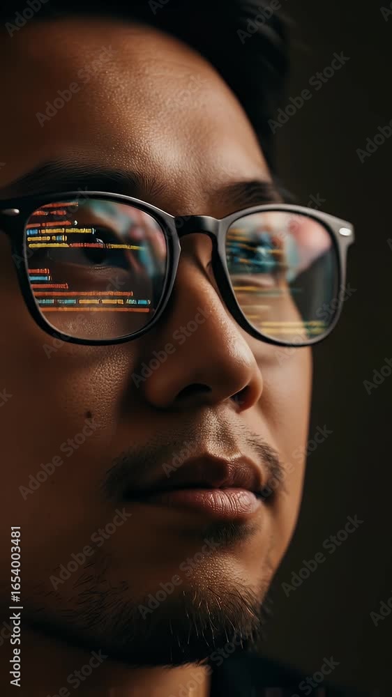 Poster male programmer focusing on code reflected in glasses