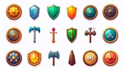Colorful shield and weapon icons