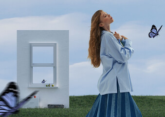 A young woman in a blue shirt and skirt poses gracefully in a whimsical outdoor setting with...