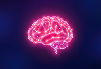 A glowing, pink, three-dimensional representation of a human brain, with connected neural pathways.