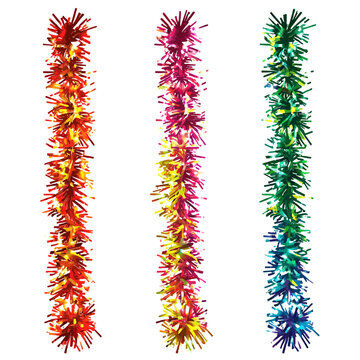 A set of three realistic tinsel garlands in different colors. The garlands can be used on websites, blogs, and promotional materials for holiday seasons and celebratory events.

