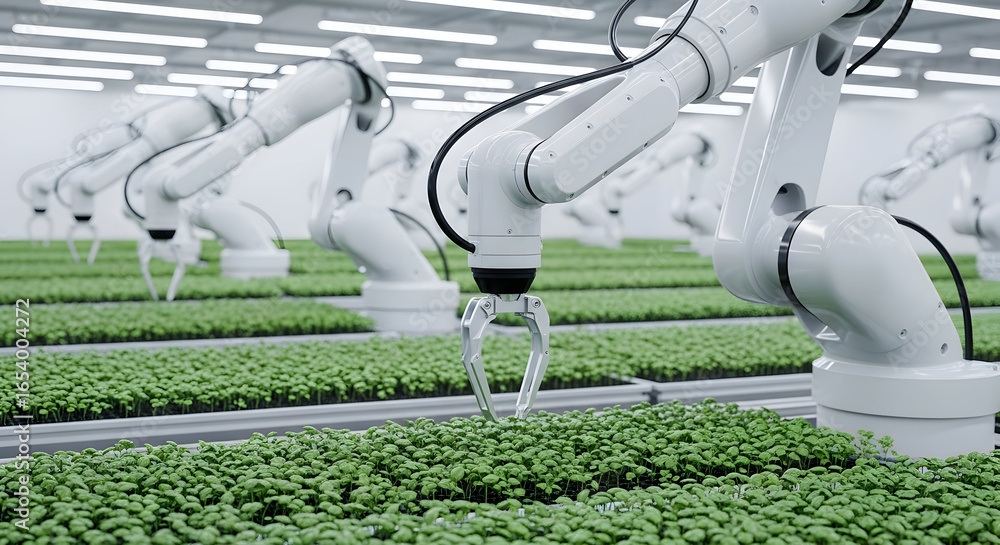 Poster automated robotic arms tending rows of crops in an agricultural setting, focusing on precision farmi