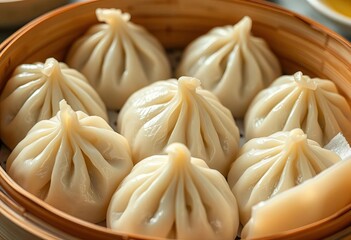 Steamed rice dumplings, glistening, arranged on a bamboo steamer,  tied,  rice dumpling
