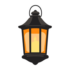 A flat-style illustration of a black lantern with an orange glow and a lit candle inside. This icon is perfect for websites or blogs about holidays, celebrations, magic, or home decor.

