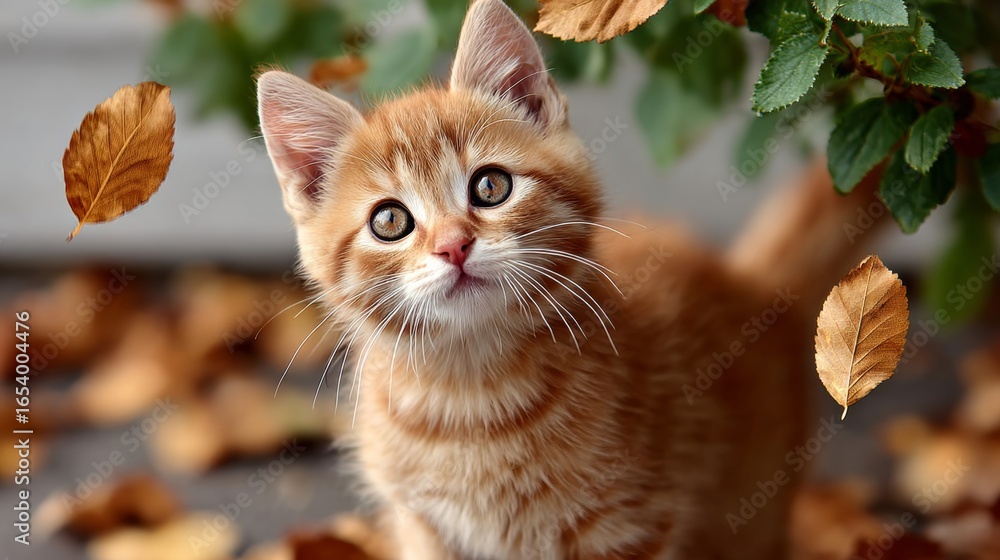 Poster cat is looking at the camera in a leafy area. the cat is orange and has a curious expression