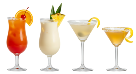 Row of Assorted Tropical Cocktails Isolated on Transparent Background
