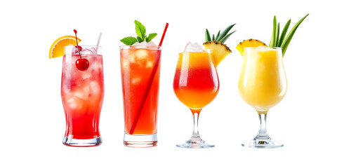 Four different tropical cocktails with various garnishes, Isolated on transparent background
