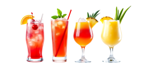 Four different tropical cocktails with various garnishes, Isolated on transparent background
