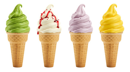 Assortment of Soft Serve Ice Cream Cones with Drizzles and Toppings Isolated on transparent background
