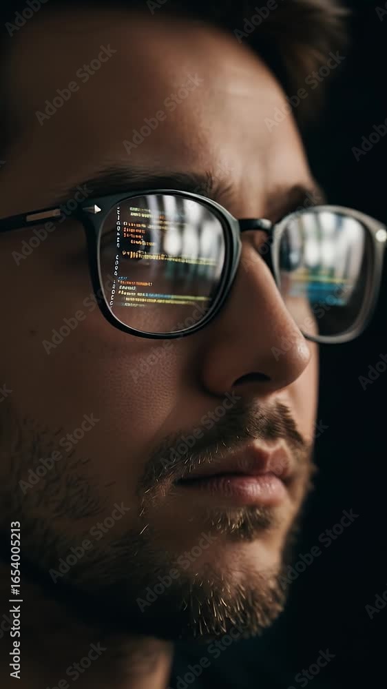 Poster man wearing glasses reflecting code deep in thought focused on screen
