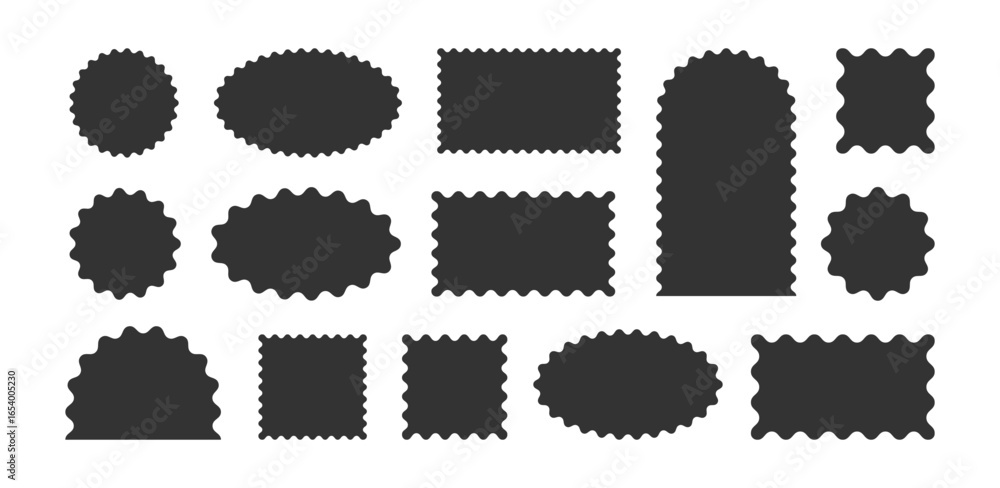 Poster wavy scallop edge frame set. wave rectangle, circle, oval geometric shape. scalloped wiggle border. 
