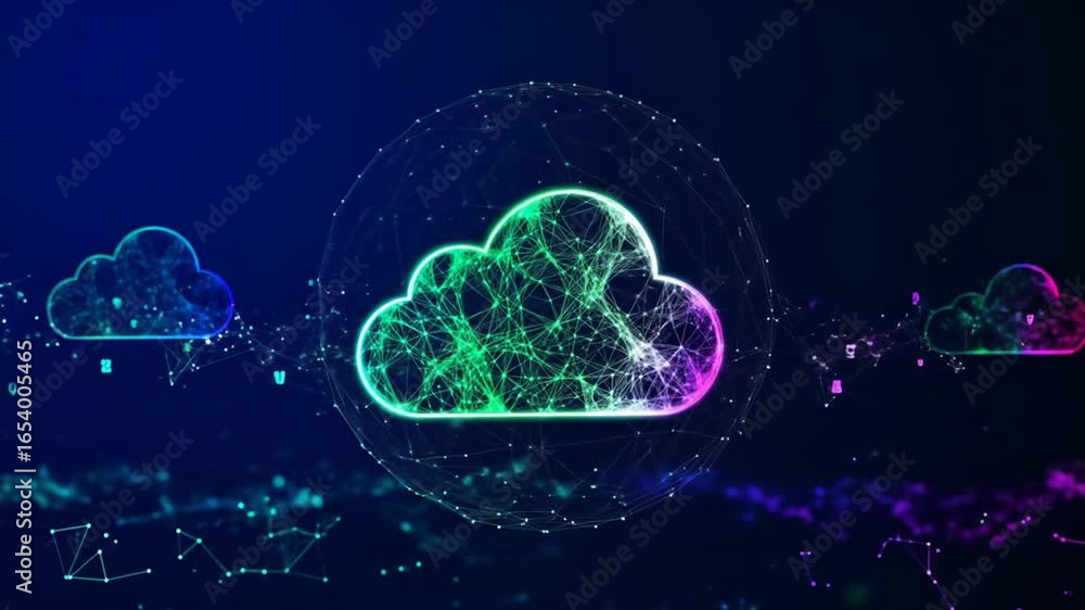 Poster digital clouds: animated network of connected clouds with vibrant neon color on dark blue background