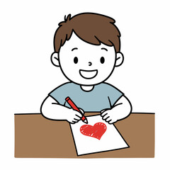Cartoon Boy Drawing a Heart with a Red Crayon.