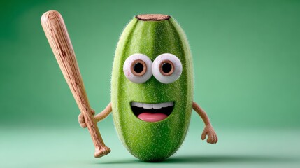Cartoon character holding a baseball bat and smiling. The character is green and has a funny expression