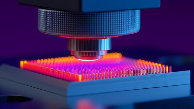 The future AI medical laboratory and research concept, High-tech microscope examining a colorful microchip surface.