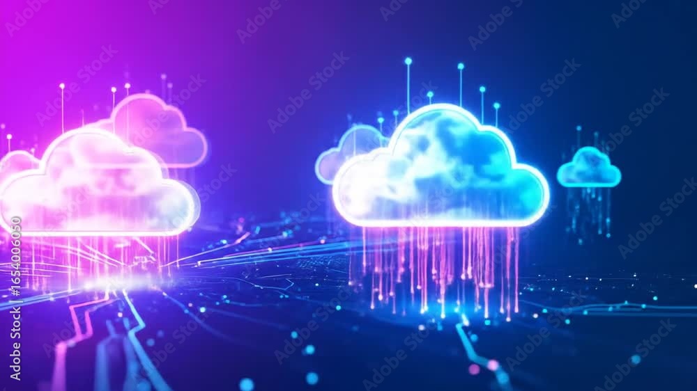 Poster digital clouds data stream: futuristic neon cloud computing visualization concept