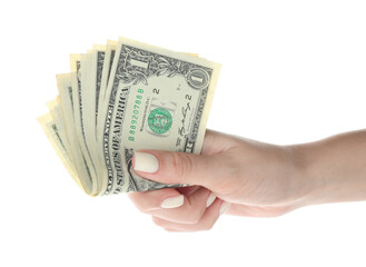 Woman with dollar banknotes on white background, closeup
