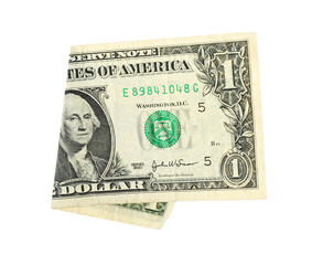 Folded dollar banknote isolated on white, top view