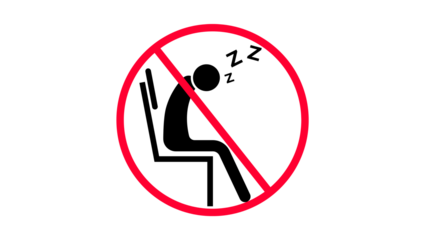 No sleeping on the chair prohibition sign. Vector icon illustration of a person falling asleep while sitting, a symbol for staying awake and alert.