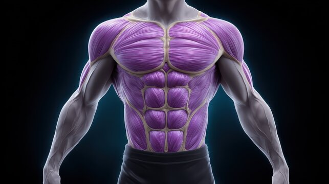 A detailed digital illustration showing human muscle fibers in a six-pack abdominal structure, highlighting each layer of musculature with anatomical precision