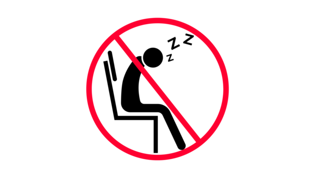 No sleeping on the chair prohibition sign. Vector icon illustration of a person falling asleep while sitting, a symbol for staying awake and alert.