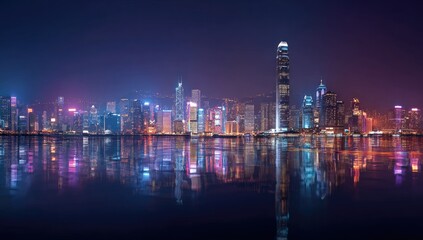 Fototapeta premium Vibrant cityscape reflected in still water at night