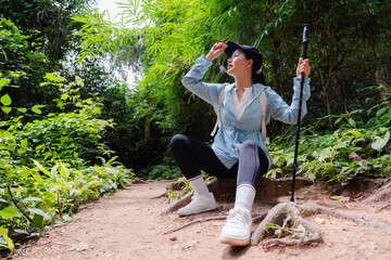 Hiker resting on tree roots and holding cap while looking up in forest trail