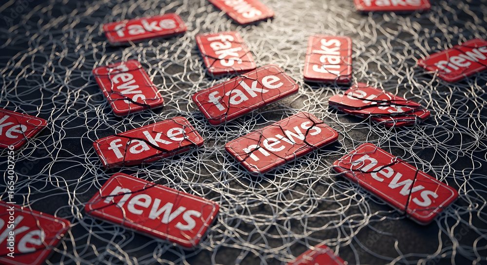 Poster conceptual image of 'fake news' represented by scattered red blocks with text, highlighting misinfor