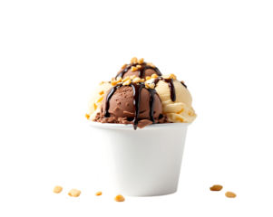 A cup of Neapolitan ice cream with chocolate sauce and nuts, Isolated on transparent background
