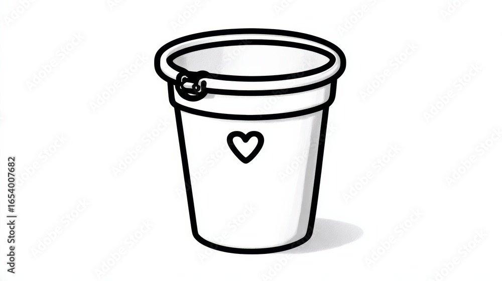 Poster white bucket with a heart drawn on it. the bucket is empty. the image is black and white